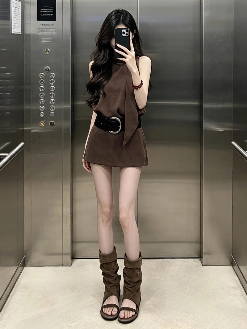 Coffee Brown Belted A-Line Mini Dress Set