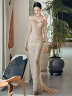Champagne Sequin Off Shoulder Mermaid Maxi Dress