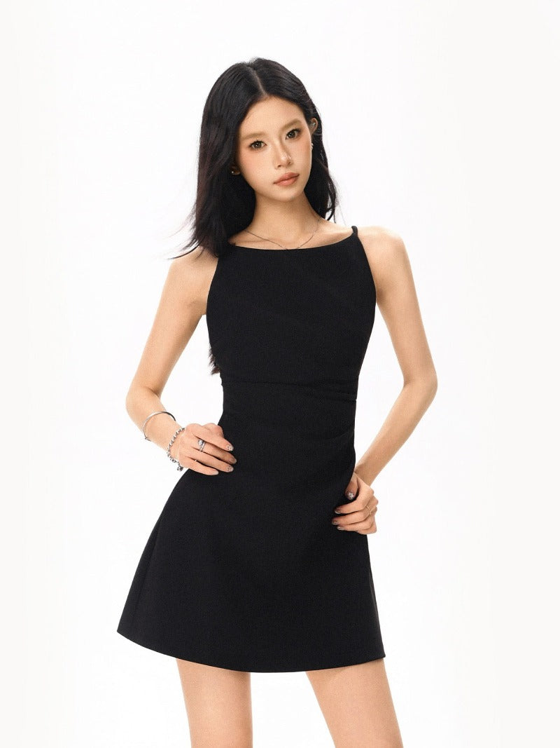 Black Straight Neck Sleeveless A-Line Mini Dress