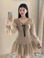 Mocha Muse V Neck Bow Corset Fit-and-Flare Mini Dress