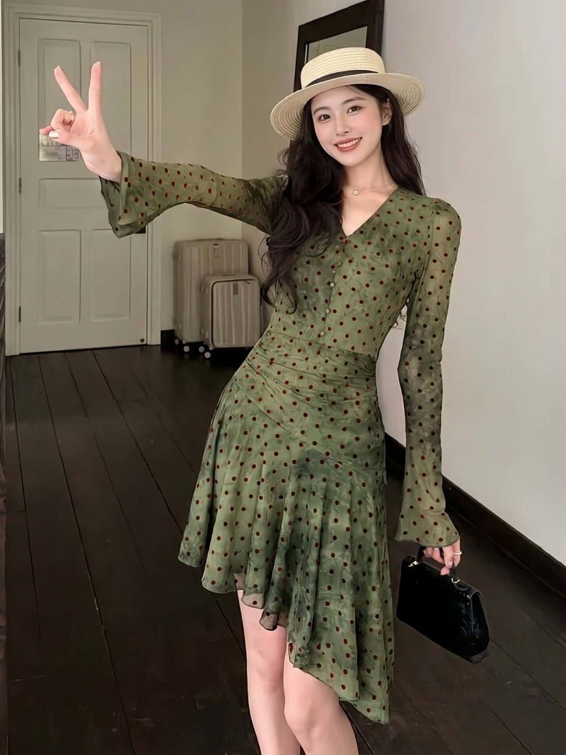 Green Polka Dot V-Neck A-Line Mini Dress