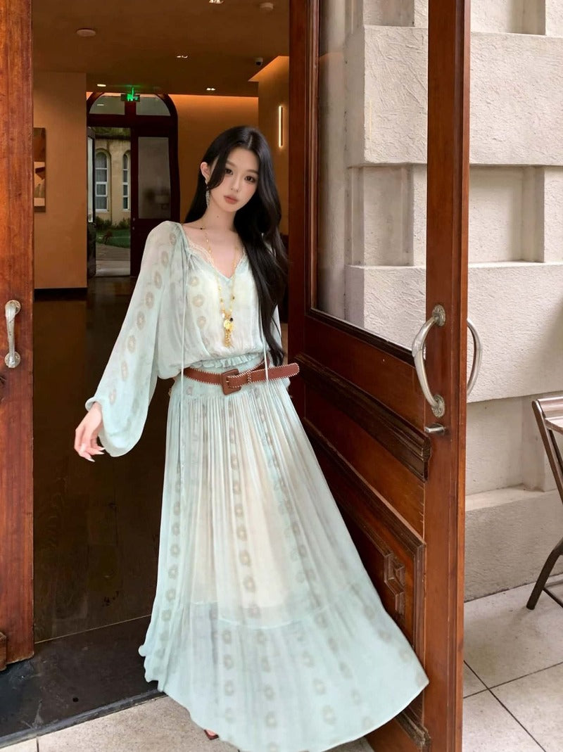 Mint Green V-Neck Long Sleeve Maxi Dress