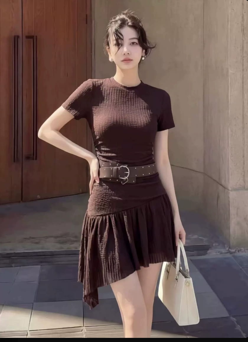 Coffee Brown Round Neck Short Sleeve Asymmetric A-Line Mini Dress