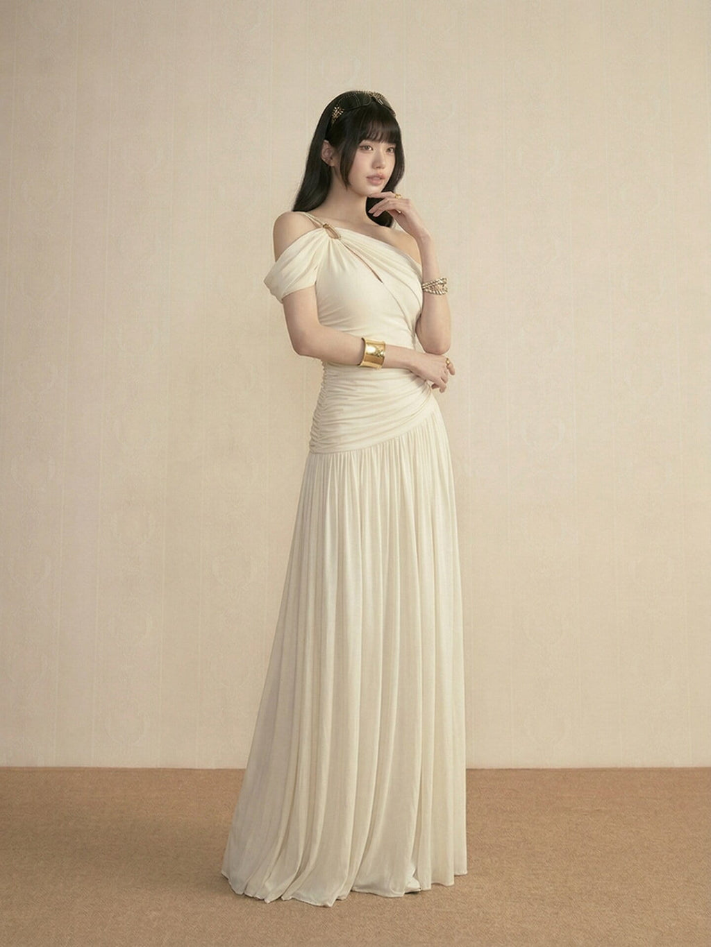Ivory Asymmetric Draped Off Shoulder Maxi Dress
