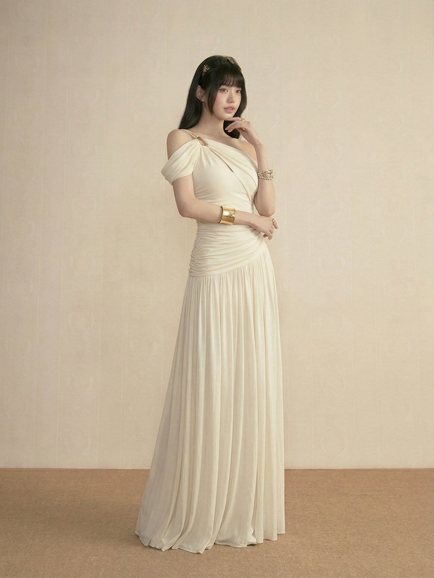 Ivory Asymmetric Draped Off Shoulder Maxi Dress