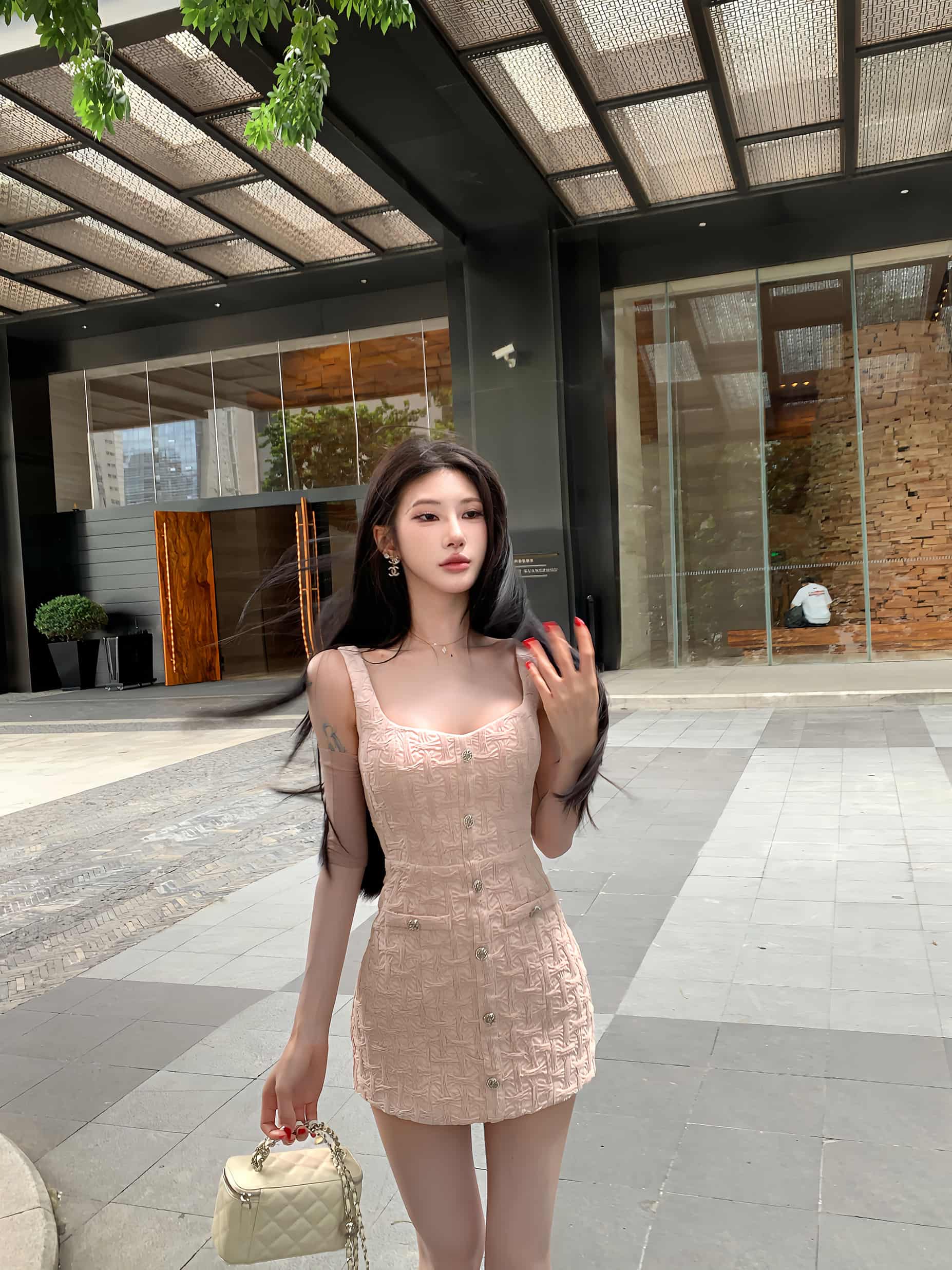 Blush Pink Chic Textured Square Neck Mini Dress