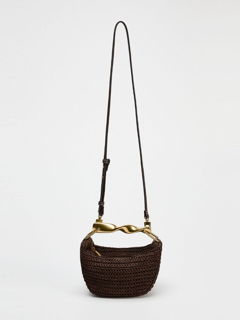 Raffia-Effect Woven Mini Bag with Metal Handle