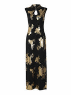Midnight Gold Floral Mandarin Collar Qipao Maxi Dress