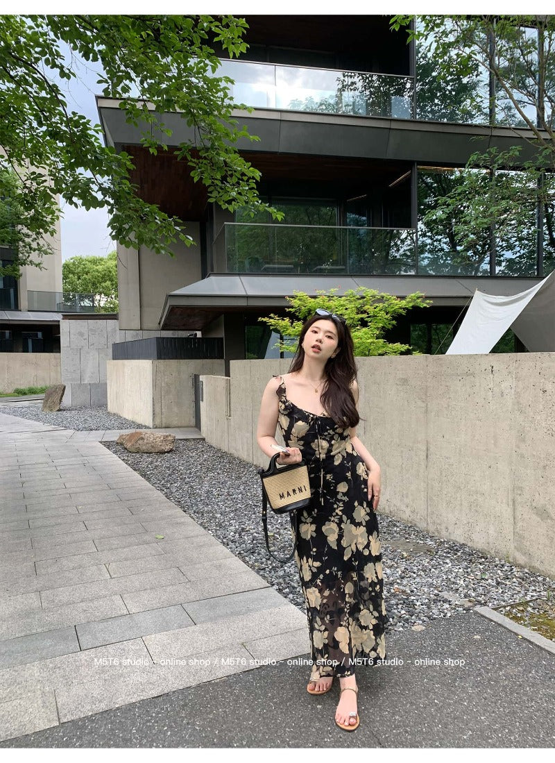 Black/Yellow Floral V Neck Spaghetti Strap A Line Maxi Dress