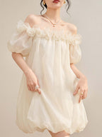 Ivory Off Shoulder Organza Ruffle Shift Mini Dress