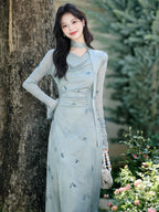 Light Blue Scarf Cowl Neck Bell Sleeve A-Line Maxi Dress