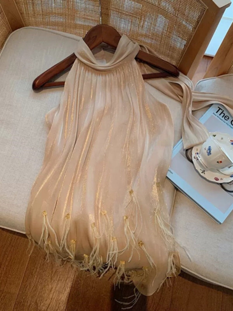 Champagne Halter Pleated Fringe A-Line Mini Dress