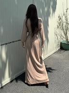 Khaki V Neck Knot Draped Long Sleeve Maxi Dress