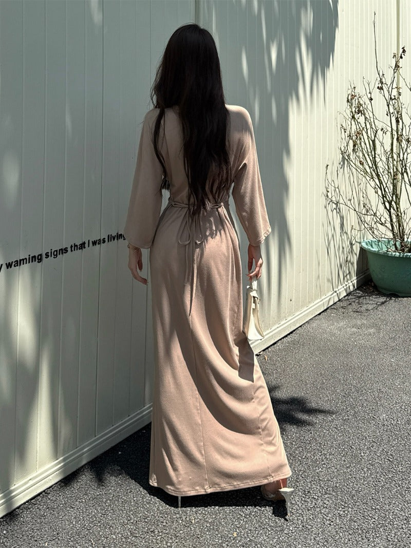Khaki V Neck Knot Draped Long Sleeve Maxi Dress