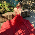 Red Halter Flower Draped A-Line Maxi Dress