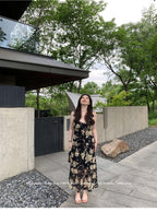 Black/Yellow Floral V Neck Spaghetti Strap A Line Maxi Dress