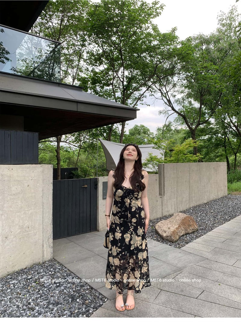 Black/Yellow Floral V Neck Spaghetti Strap A Line Maxi Dress