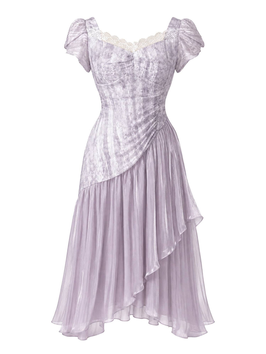 Purple Lace Trim Sweetheart Puff Sleeve A-Line Midi Dress