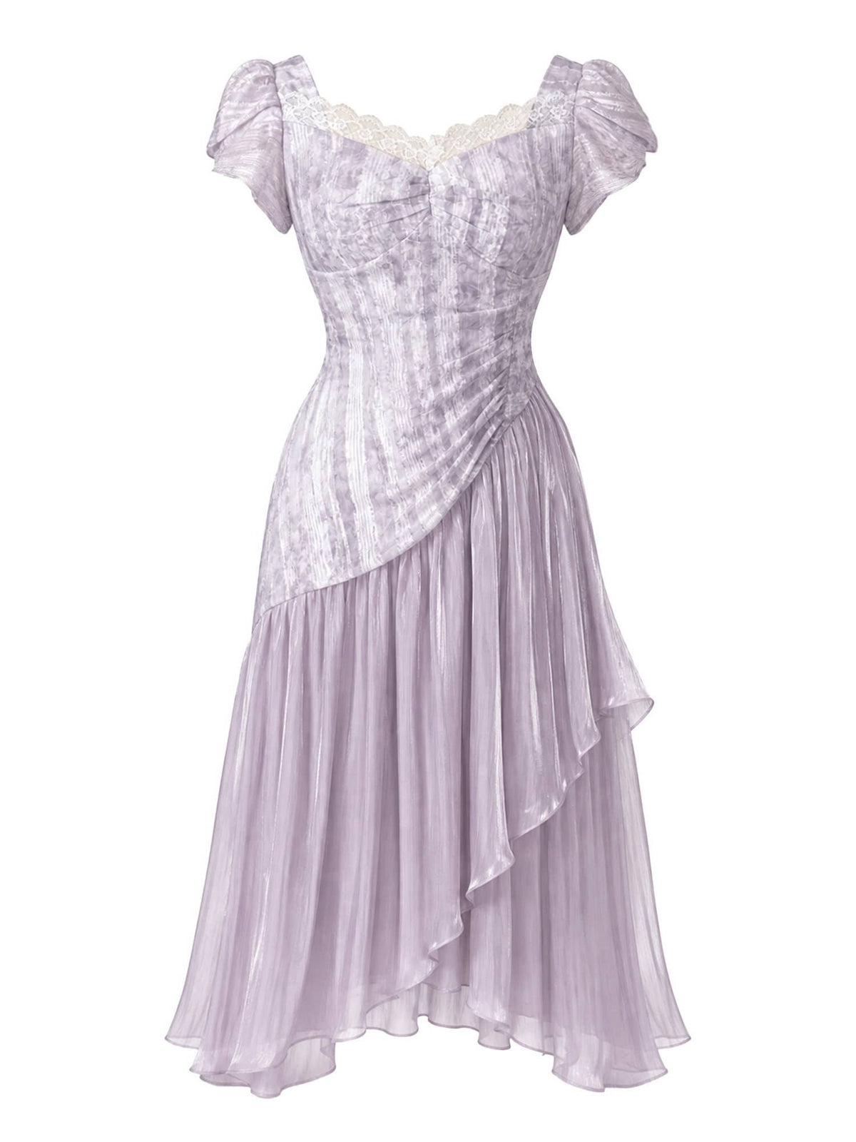 Purple Lace Trim Sweetheart Puff Sleeve A-Line Midi Dress