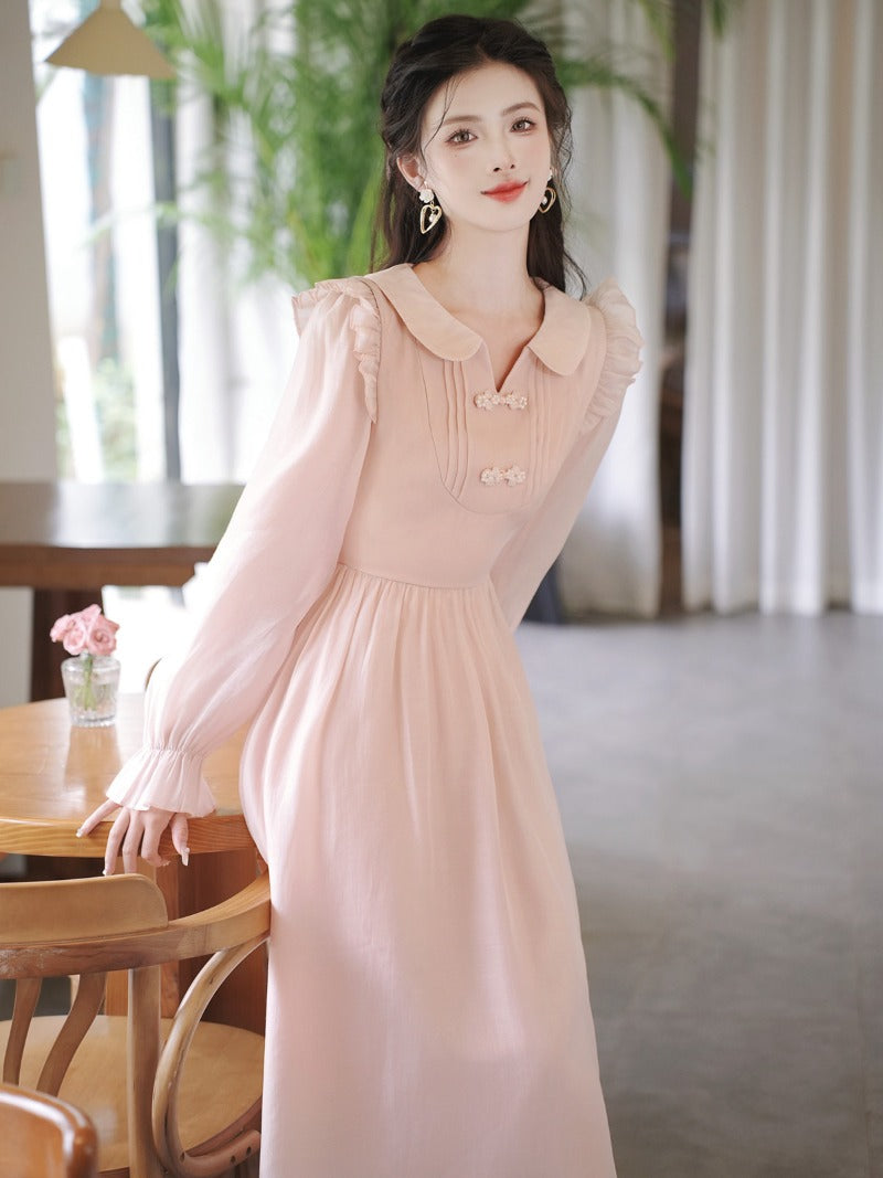 Pink Peter Pan Collar Ruffle A-Line Maxi Dress