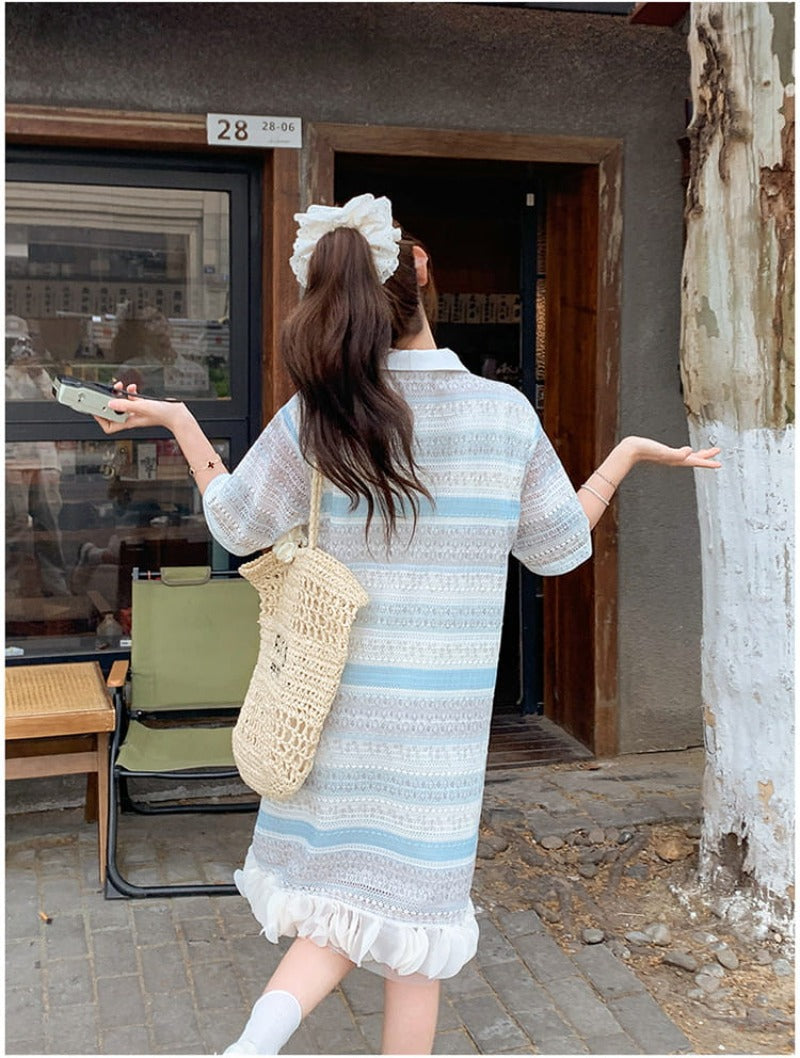 Blue Striped Lace Short Sleeve Polo Shift Mini Dress