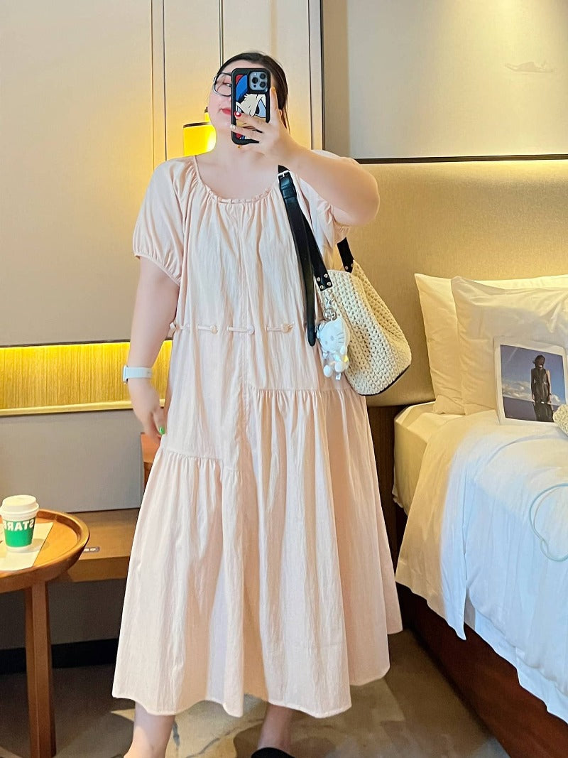 Gathered Round Neck Puff Sleeve Tie Waist Tiered Maxi Dress