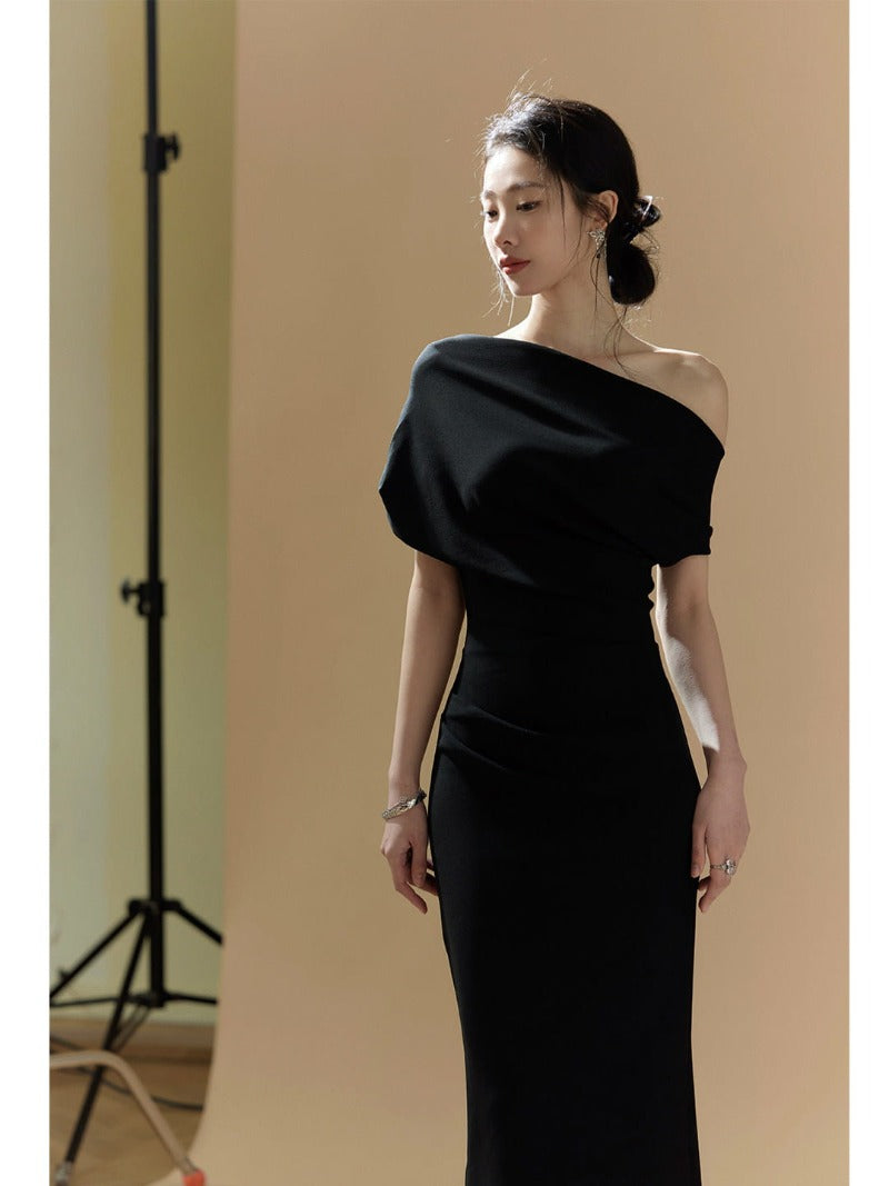 Asymmetric One Shoulder Draped Bodycon Midi Dress