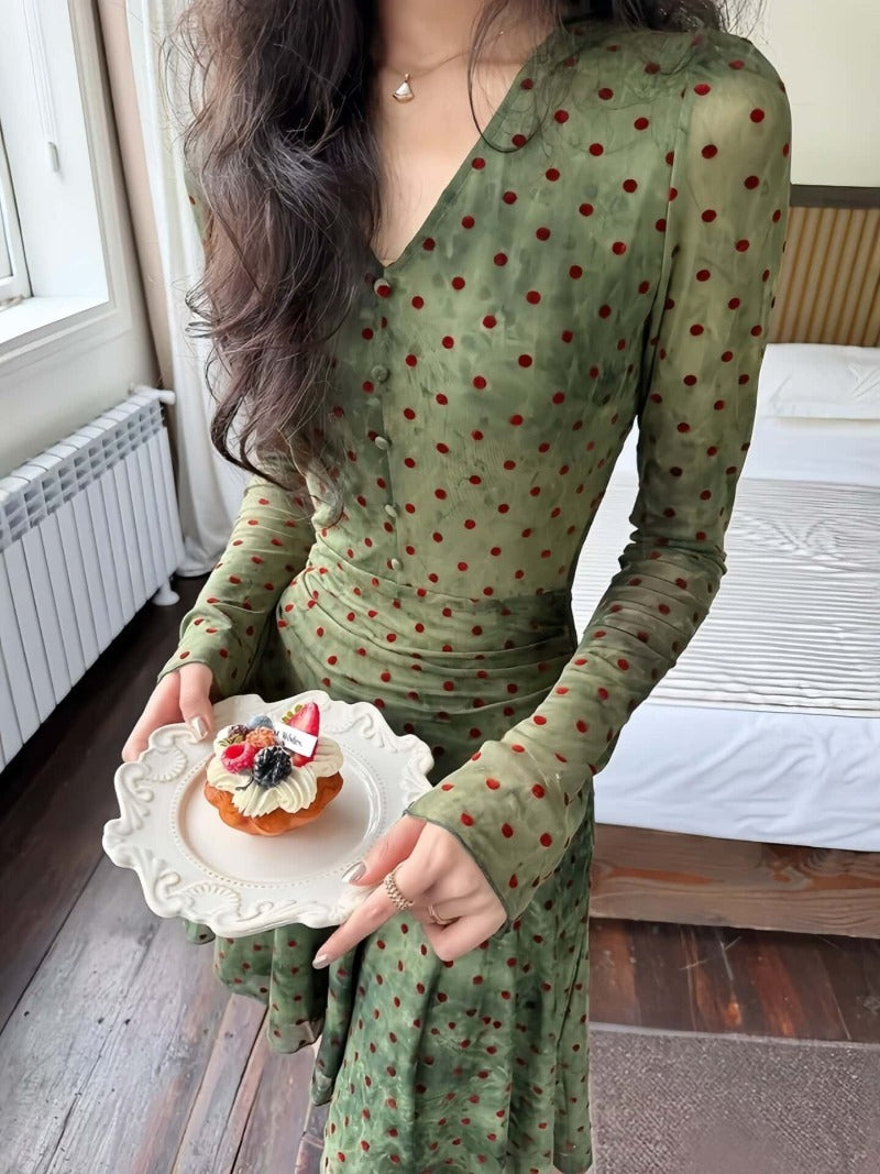 Green Polka Dot V-Neck A-Line Mini Dress