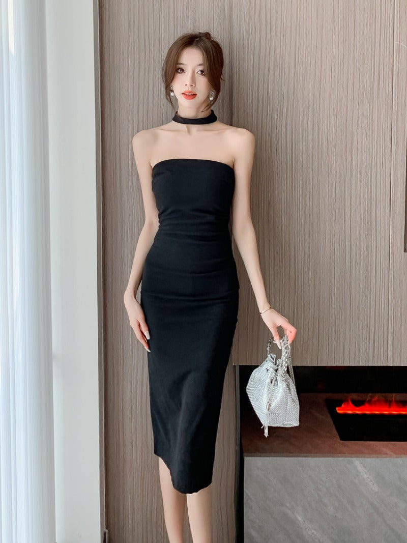 Strapless Scarf Neck Bodycon Midi Dress