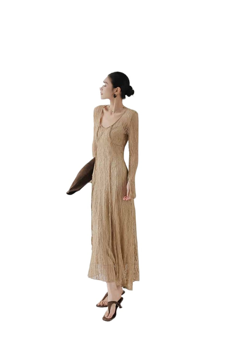 Desert Veil Khaki Mesh Tie Front V Neck Maxi Dress Main image