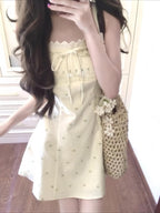 Light Yellow Bow Detail Square Neck A-Line Mini Dress