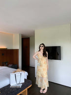 Black/Yellow Floral V Neck Spaghetti Strap A Line Maxi Dress