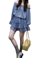 Blue Floral Off Shoulder Ruffle Mini Dress Set