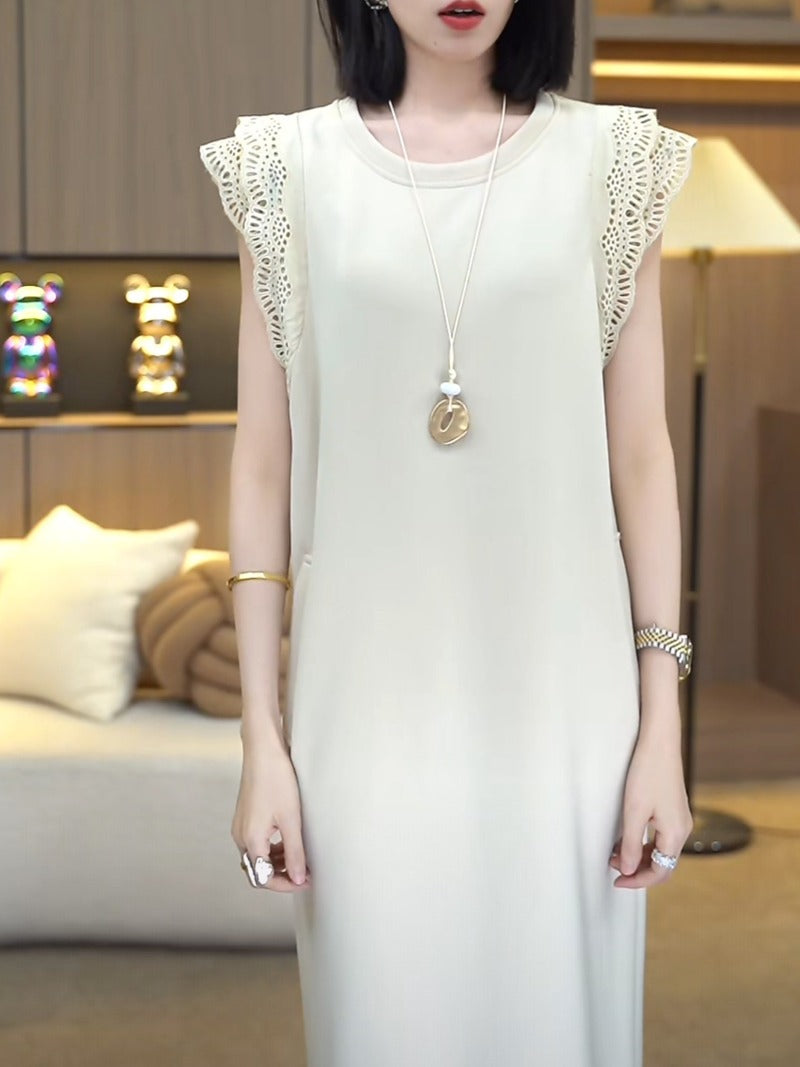 Ivory Lace Trim Flutter Sleeve Shift Midi Dress