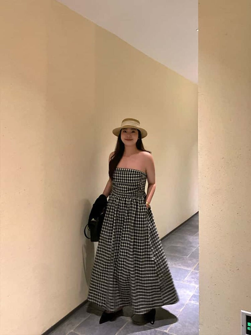 Black Gingham Strapless A-Line Midi Dress