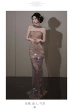 Champagne Mesh Sequin Appliqué Strapless Mermaid Maxi Dress