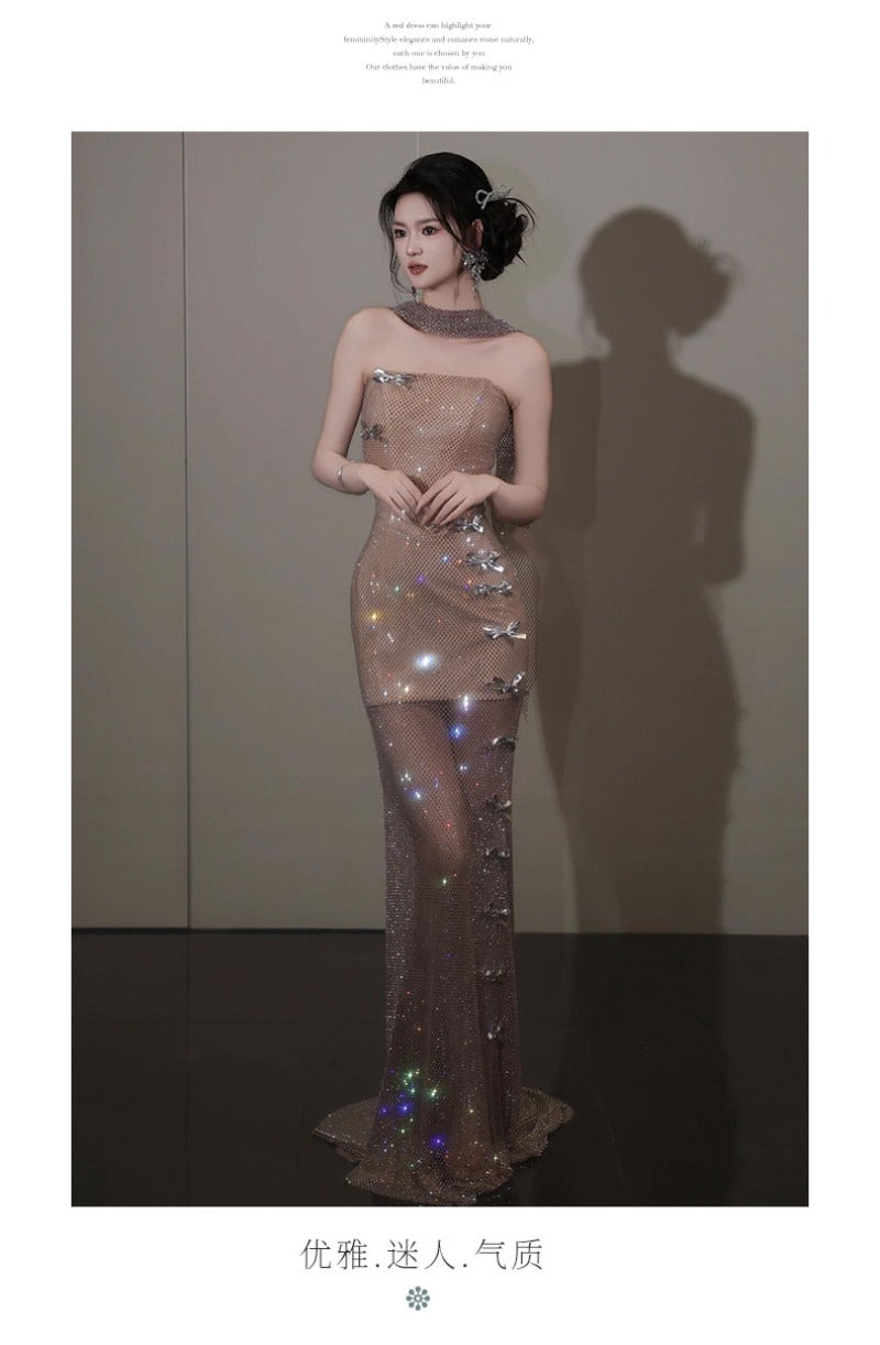 Champagne Mesh Sequin Appliqué Strapless Mermaid Maxi Dress