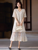 Ivory V Neck Lace Short Sleeve Shift Midi Dress