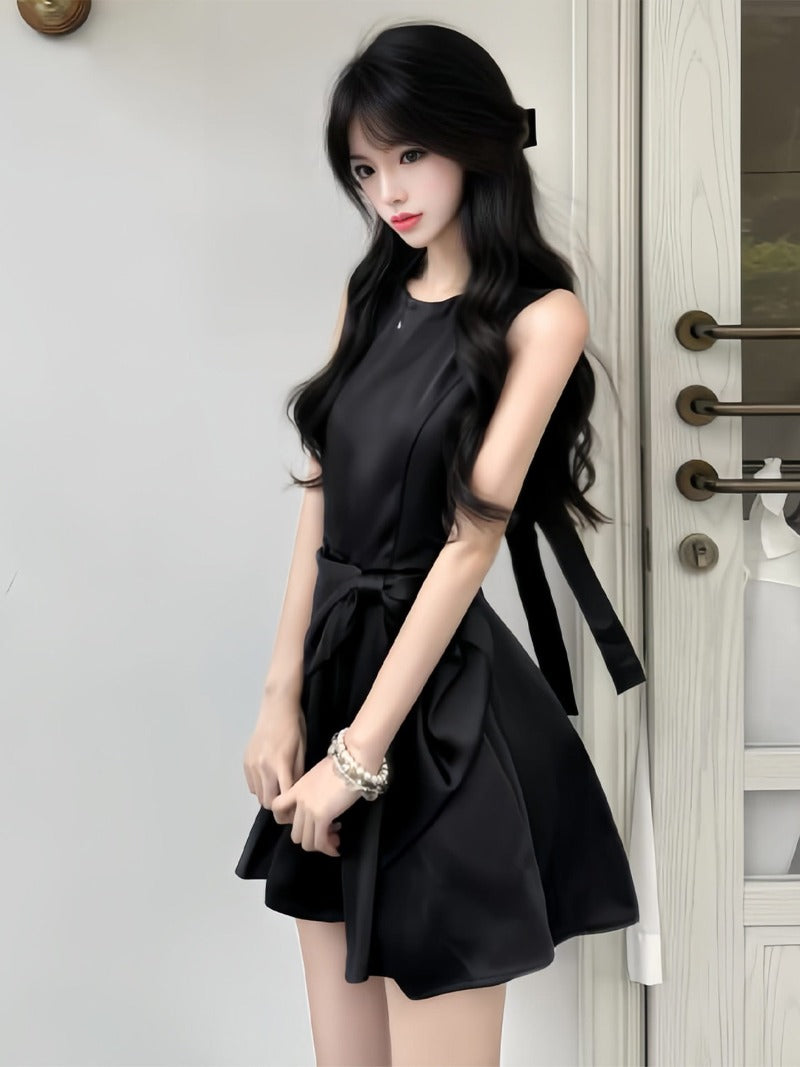 Black Satin Bow Waist Sleeveless A-Line Mini Dress Main image