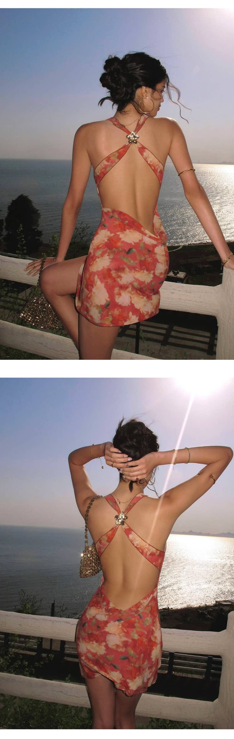 Red Floral Halter Open Back Vacation Dress
