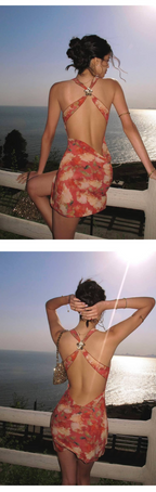 Red Floral Halter Open Back Vacation Dress
