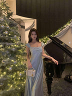 Blue Satin Embellished Square Neck Party Maxi Dress