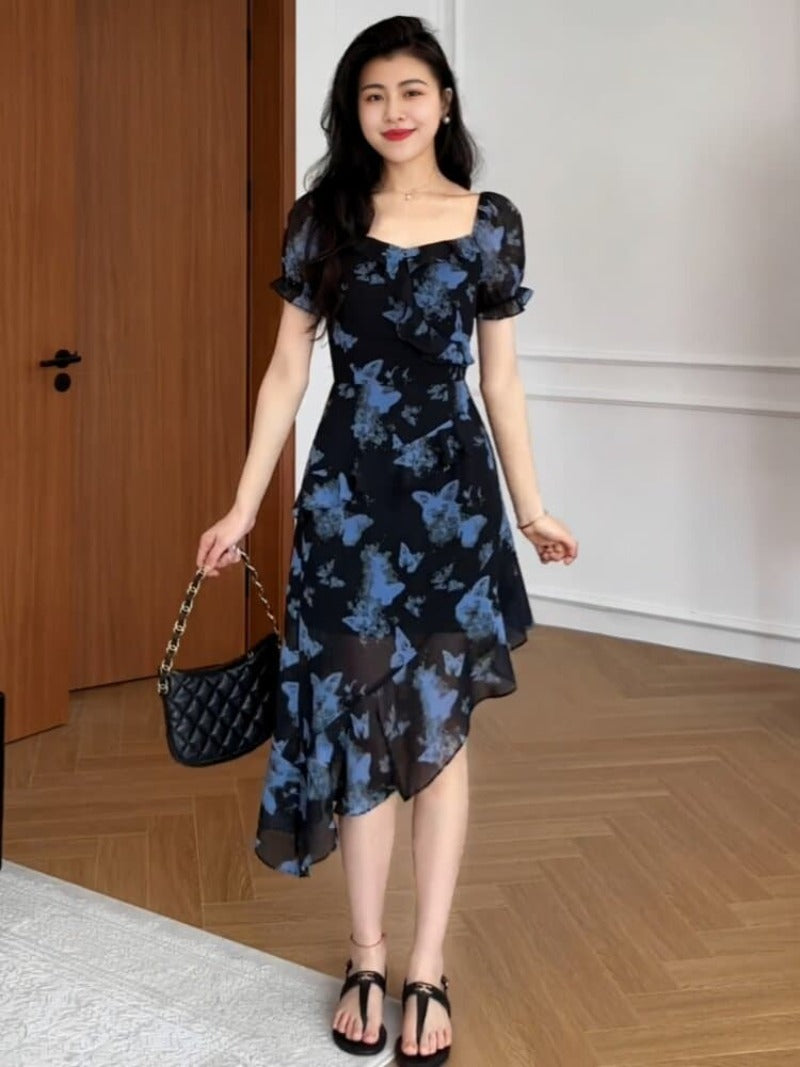 Black Blue Butterfly Square Neck Asymmetric Chiffon Dress