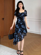 Black Blue Butterfly Square Neck Asymmetric Chiffon Dress