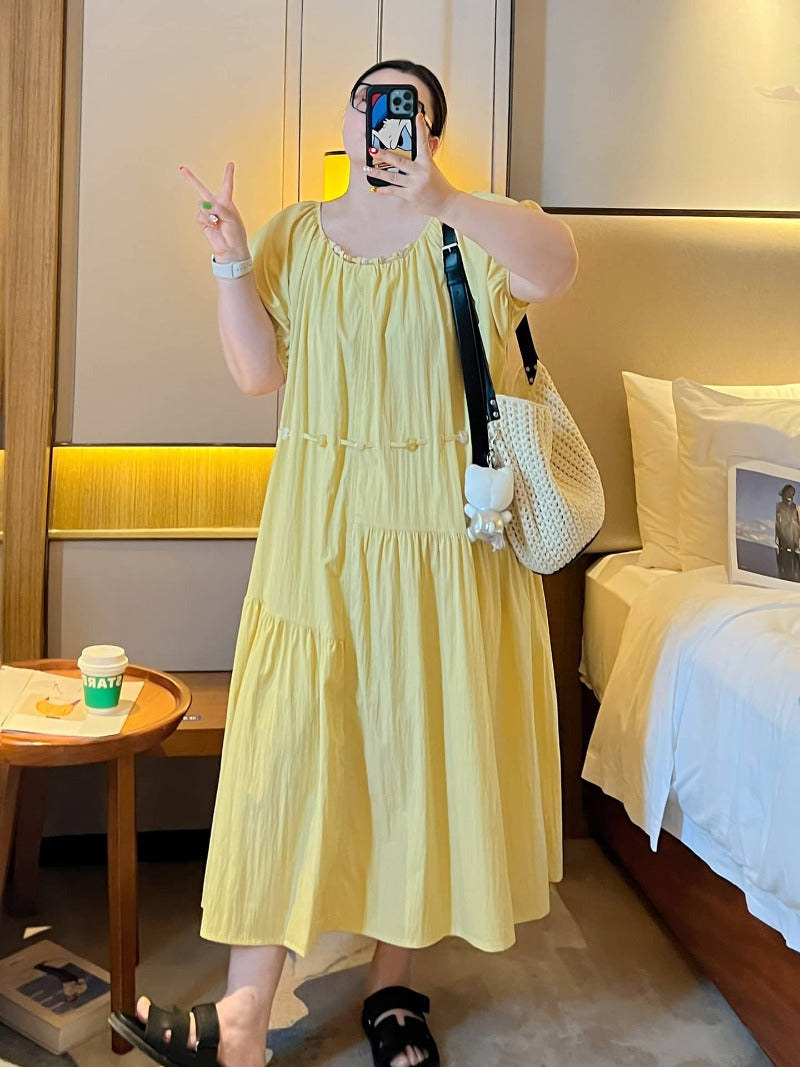 Gathered Round Neck Puff Sleeve Tie Waist Tiered Maxi Dress