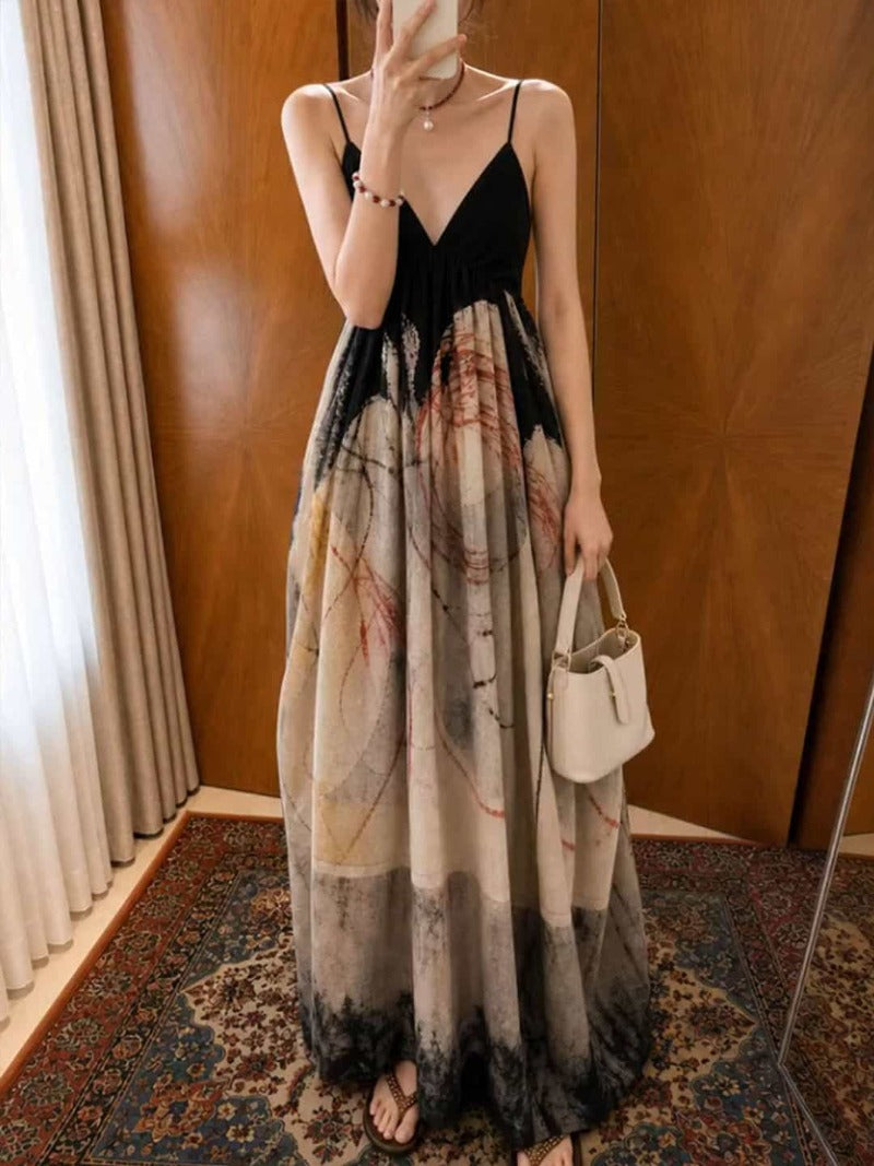 Vintage Print V Neck Spaghetti Strap A-Line Maxi Dress