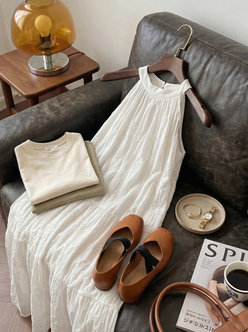 Coastal Ease Ivory Embroidered Halter Tiered Maxi Dress