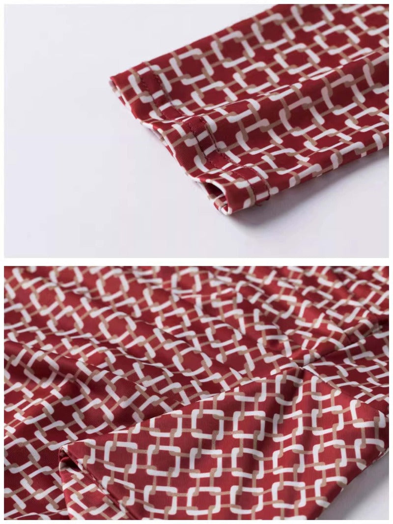 Red Print V Neck Ruched Sheath Midi Dress