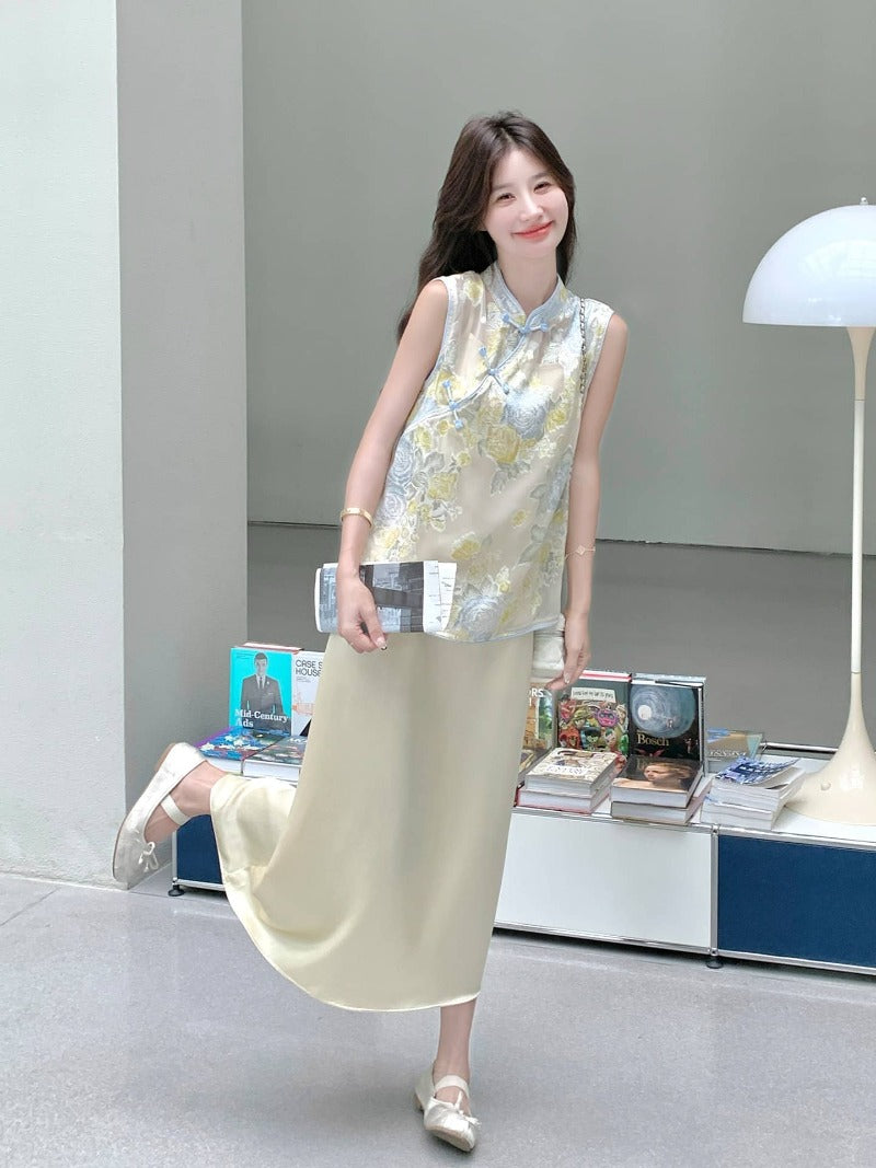 Printed Mandarin Collar Cami Maxi Dress Set