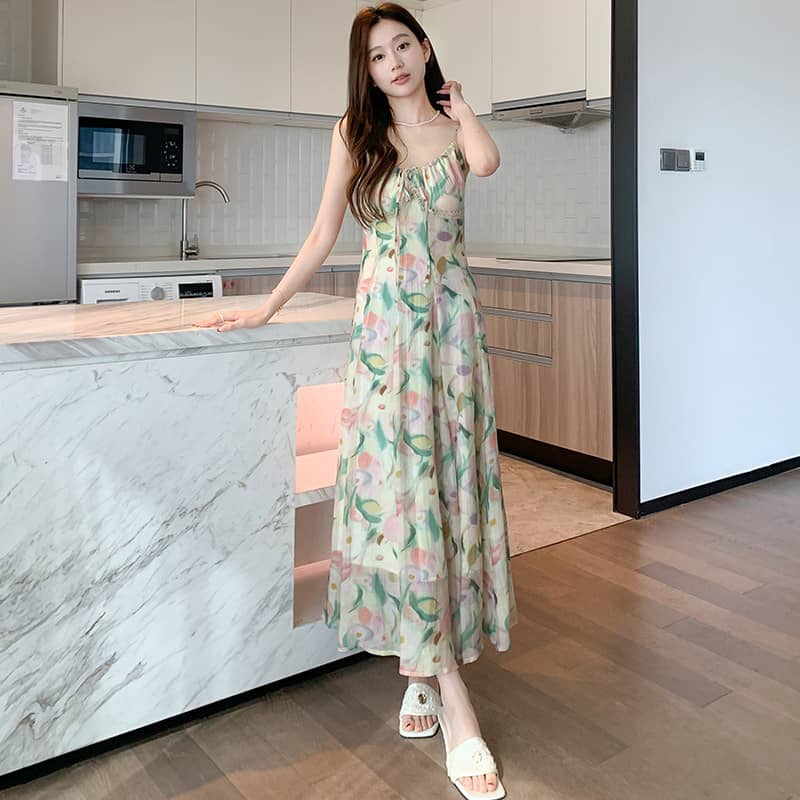 French Style Printed Tie Front Cami A-Line Maxi Dress